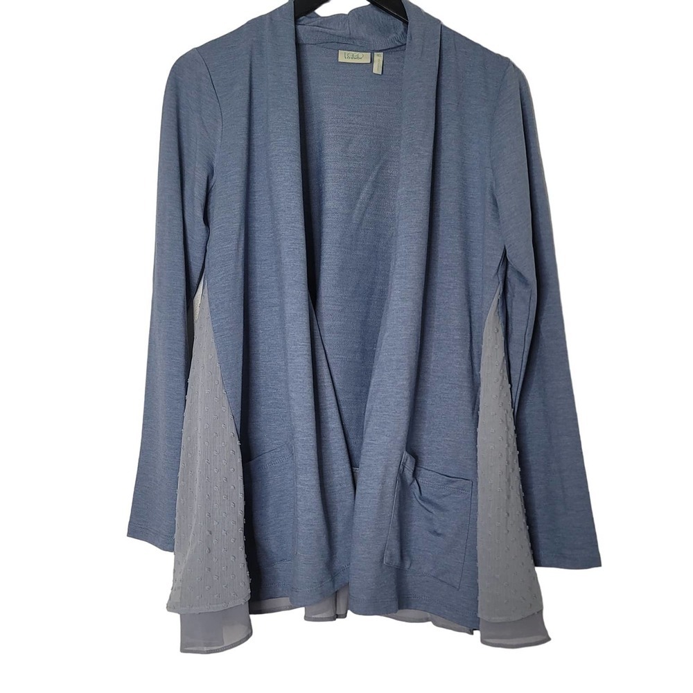 LOGO Lounge Cardigan XS Blue Open Front Terry Chiffon Swiss Dot Layered Panels